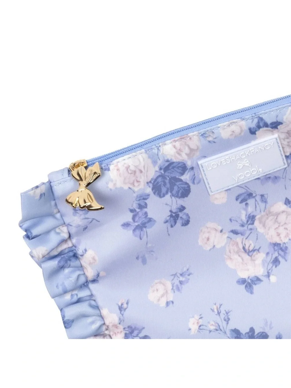 Loveshackfancy Accessory Pouch with ruffles everblooming rosettes whisper blue